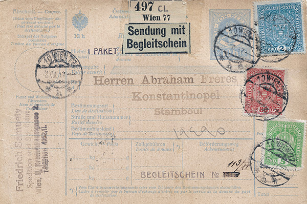 Shipped by Friedrich Samuely, Vienna, September 1917