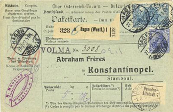 Parcel Card, H Münzing, Hagen. 1917