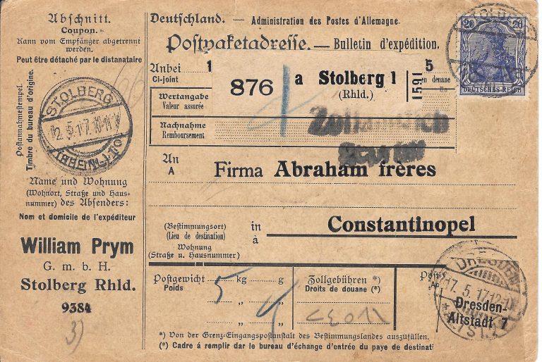 Parcel Card from William Prym G.m.b.H. in Stolberg, Germany, 1917