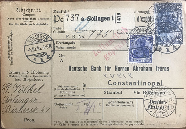 Parcel Card, Völkel, Solingen, 1916