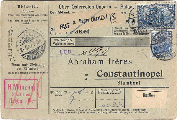 Parcel Card, H Münzing, Hagen. 1917