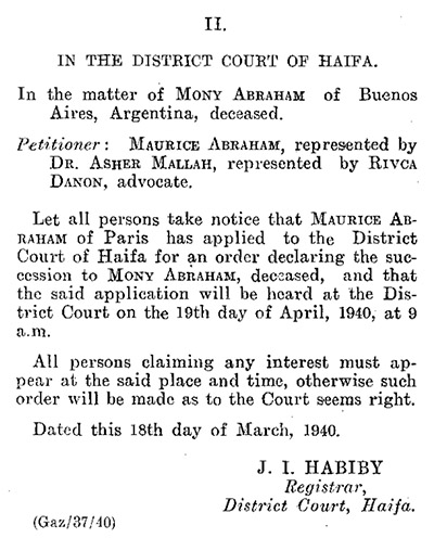 Haifa District Court Notice, 1940, re Mony Abraham succession.