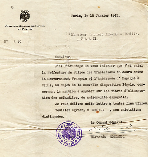 Letter from the Spanish Consul Bernardo Rolland, January 1943