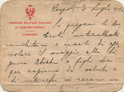 Travel pass issued by the Italian Authorities in Constantinople, 1920.