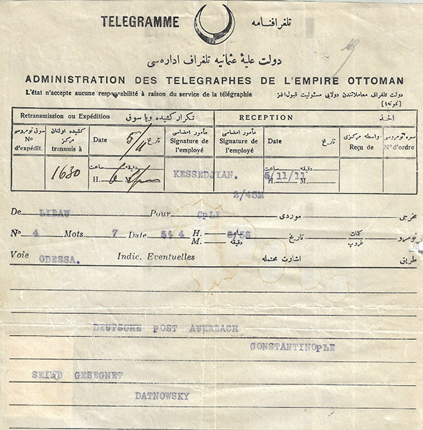 Telegram from Abraham Datnowsky to Ronya, December 1911