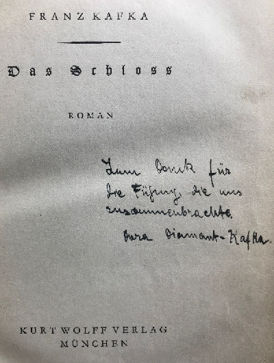 Kafka's The Castle, inscription by Dora Diamant
