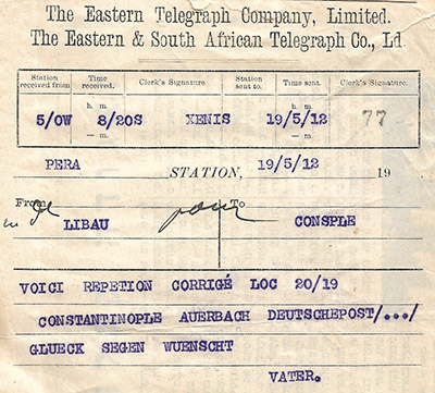 Telegram from Abraham Datnowsky. 1912