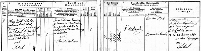 Marriage record, Herz Wolf and Sara Cheine, 1891